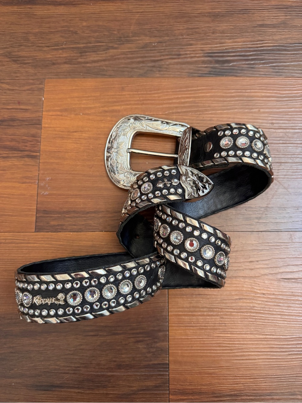 Kippys Black Leather Rhinestone Crystal Western Belt Silver Buckle Size 34